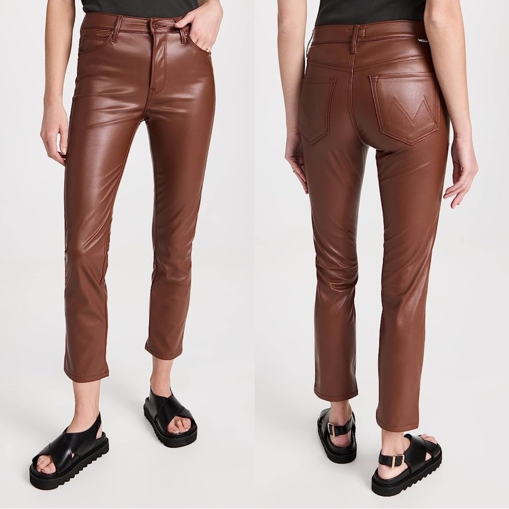 MOTHER The Mid Rise Dazzler in Friar Brown Faux Leather Straight Leg